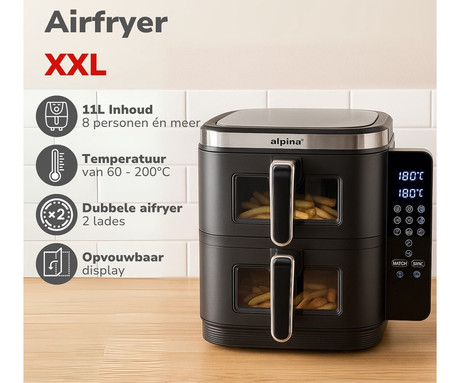 ALPINA DOUBLE XXL cvrtnik / friteza na vroč zrak, 11L, 2800W, 2x posoda, digital, časovnik / timer, sinhronizacija, samodejni izklop, brez olja, 80% manj maščob, črna