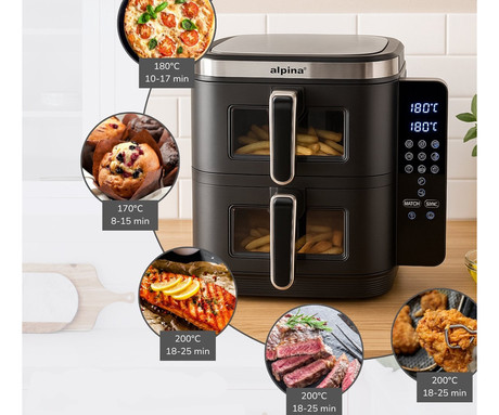 ALPINA DOUBLE XXL cvrtnik / friteza na vroč zrak, 11L, 2800W, 2x posoda, digital, časovnik / timer, sinhronizacija, samodejni izklop, brez olja, 80% manj maščob, črna