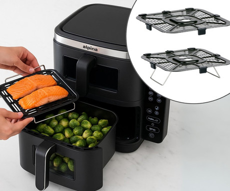ALPINA DOUBLE XXL cvrtnik / friteza na vroč zrak, 11L, 2800W, 2x posoda, digital, časovnik / timer, sinhronizacija, samodejni izklop, brez olja, 80% manj maščob, črna