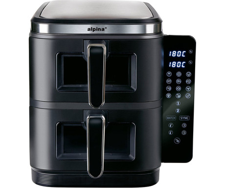 ALPINA DOUBLE XXL cvrtnik / friteza na vroč zrak, 11L, 2800W, 2x posoda, digital, časovnik / timer, sinhronizacija, samodejni izklop, brez olja, 80% manj maščob, črna