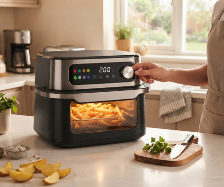 ALPINA XXL cvrtnik / friteza na vroč zrak, 10L prostornina, 1700W moč, LED digitalni zaslon, nastavljiv časovnik / timer, samodejni izklop, brez olja, 80% manj maščob, črna
