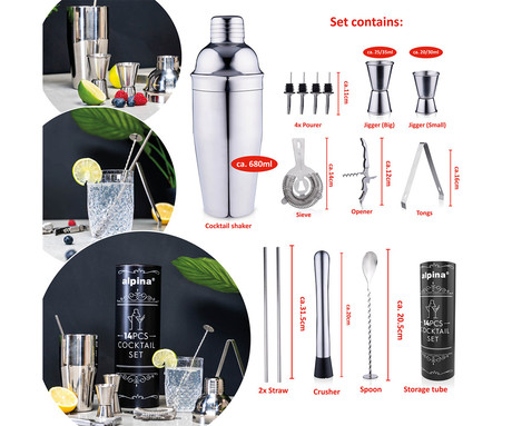 ALPINA COCKTAIL komplet pripomočkov za koktajle, 14 kos, All-In-One, darilno pakiranje, nerjaveče jeklo, srebrn