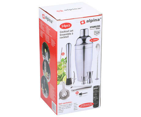 ALPINA COCKTAIL komplet pripomočkov za koktajle, 14 kos, All-In-One, darilno pakiranje, nerjaveče jeklo, srebrn