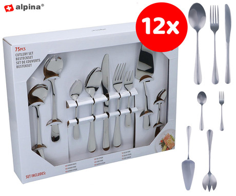 ALPINA komplet jedilnega pribora, 75 kos, nerjaveče jeklo, 12x nož, 12x vilica, 12x žlica, 12x čajna žlica, 12x mini vilice, 12x kavna žlica, 1x velike vilice, 1x velika žlica, 1x lopatka, srebrn