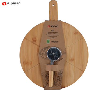 ALPINA PIZZA BOARD deska za pico z nožem, lesena, 34cm premer, priložen rezalnik za pico, enostavno čiščenje