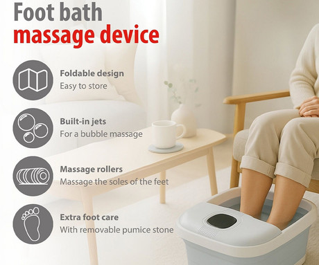 ALPINA masažna naprava za stopala, 500W moč, 8L prostornina, gretje / pomirjanje / masaža, zložljiva zasnova, enostavno čiščenje, 40x33.5x21cm, bela, siva