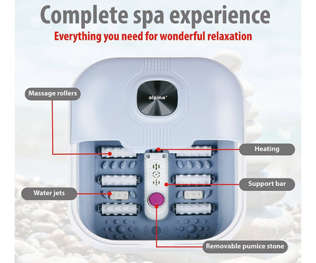 ALPINA masažna naprava za stopala, 500W moč, 8L prostornina, gretje / pomirjanje / masaža, zložljiva zasnova, enostavno čiščenje, 40x33.5x21cm, bela, siva