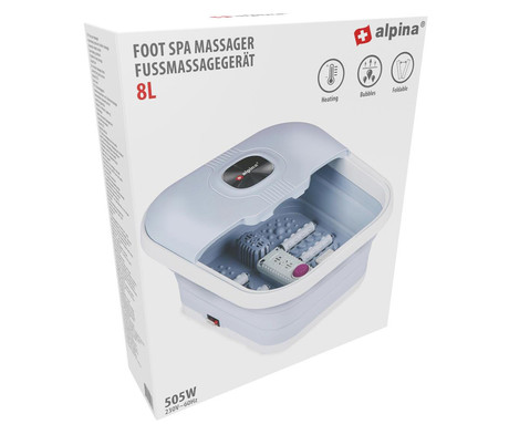 ALPINA masažna naprava za stopala, 500W moč, 8L prostornina, gretje / pomirjanje / masaža, zložljiva zasnova, enostavno čiščenje, 40x33.5x21cm, bela, siva