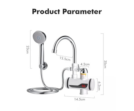 WELL RAINFALL električna grelna pipa / tuš ročna prha, 3600W, 360° vrtenje, 110cm kabel, LCD zaslon, IPX4 vodoodpornost, topla/vroča voda v nekaj sekundah, stenski priklop