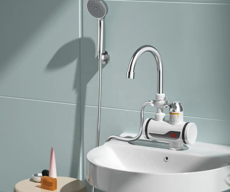 WELL RAINFALL električna grelna pipa / tuš ročna prha, 3600W, 360° vrtenje, 110cm kabel, LCD zaslon, IPX4 vodoodpornost, topla/vroča voda v nekaj sekundah, stenski priklop