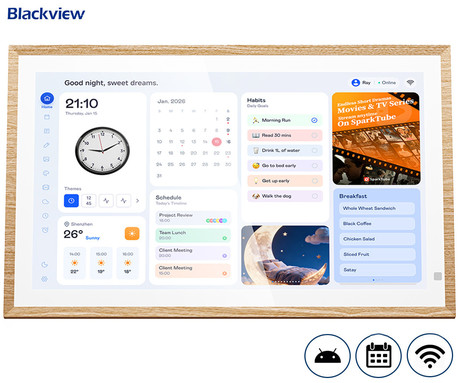 BLACKVIEW NEST 15 pametni foto okvir / koledar / HUB, 39.6cm (15.6"), FHD+ IPS zaslon na dotik, Android OS, WIFI 6, BT 5.4, 3GB RAM, 32GB ROM, do 512GB spomina, zvočnik, stojalo, rjav (Natural Wood)