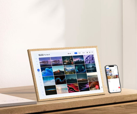 BLACKVIEW NEST 15 pametni foto okvir / koledar / HUB, 39.6cm (15.6"), FHD+ IPS zaslon na dotik, Android OS, WIFI 6, BT 5.4, 3GB RAM, 32GB ROM, do 512GB spomina, zvočnik, stojalo, rjav (Natural Wood)