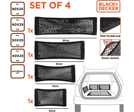 BLACK+DECKER mreže za prtljago za avto, 4 kos, različne velikosti, urejeno shranjevanje, Velcro, 40-80x25cm, črne