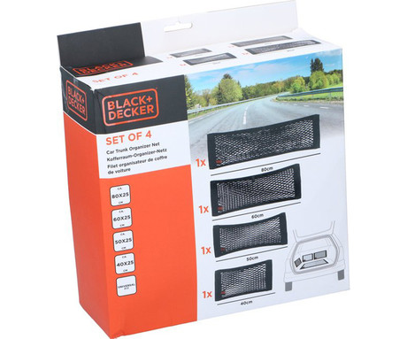 BLACK+DECKER mreže za prtljago za avto, 4 kos, različne velikosti, urejeno shranjevanje, Velcro, 40-80x25cm, črne