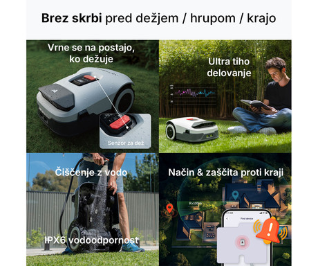 ANTHBOT GENIE 600E pametna robotska kosilnica, brez žice, do 900m2, RTK GPS + 4x AI 3D Vision kamera, aplikacija, AUTO mapiranje / načrtovanje poti, naklon do 45%, IPX6 vodoodpornost, WIFI, BT