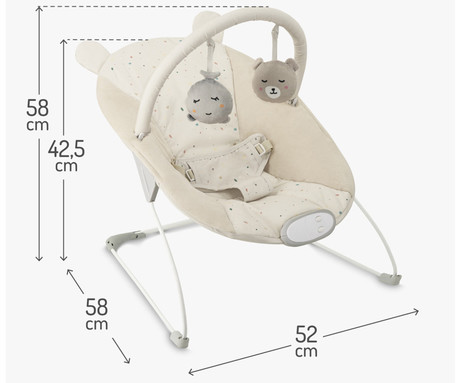 MoMi GLOSSY otroški gugalnik / zibelka, 8 melodij, 3 stopnje vibracij, udoben, dve senzorične igrače, visokokakovostna tkanina, bež