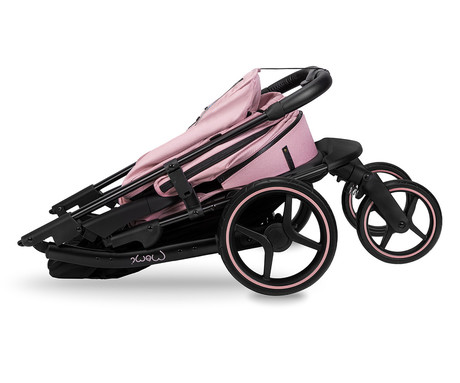 MoMi MIYA otroški voziček, zložljiv, nastavljiv, streha, 5-točkovni varnostni pas, košara, prevleka za noge, trpežna EVA kolesa, nožna zavora, +dodatki, 110x97x59cm, roza-črn