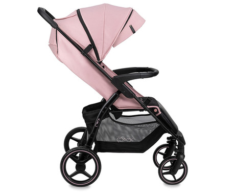 MoMi MIYA otroški voziček, zložljiv, nastavljiv, streha, 5-točkovni varnostni pas, košara, prevleka za noge, trpežna EVA kolesa, nožna zavora, +dodatki, 110x97x59cm, roza-črn