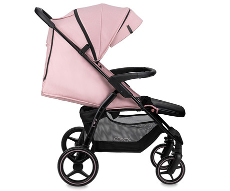 MoMi MIYA otroški voziček, zložljiv, nastavljiv, streha, 5-točkovni varnostni pas, košara, prevleka za noge, trpežna EVA kolesa, nožna zavora, +dodatki, 110x97x59cm, roza-črn