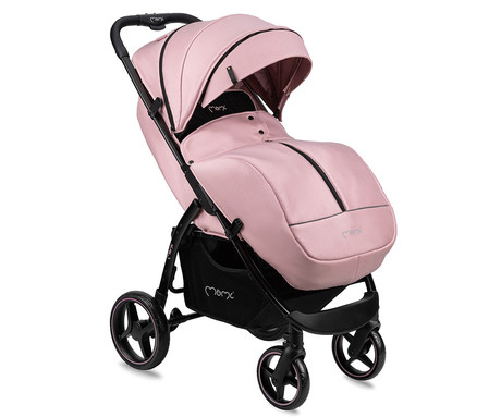 MoMi MIYA otroški voziček, zložljiv, nastavljiv, streha, 5-točkovni varnostni pas, košara, prevleka za noge, trpežna EVA kolesa, nožna zavora, +dodatki, 110x97x59cm, roza-črn