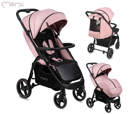 MoMi MIYA otroški voziček, zložljiv, nastavljiv, streha, 5-točkovni varnostni pas, košara, prevleka za noge, trpežna EVA kolesa, nožna zavora, +dodatki, 110x97x59cm, roza-črn