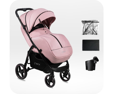 MoMi MIYA otroški voziček, zložljiv, nastavljiv, streha, 5-točkovni varnostni pas, košara, prevleka za noge, trpežna EVA kolesa, nožna zavora, +dodatki, 110x97x59cm, roza-črn