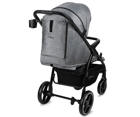 MoMi MIYA otroški voziček, zložljiv, nastavljiv, streha, 5-točkovni varnostni pas, košara, prevleka za noge, trpežna EVA kolesa, nožna zavora, +dodatki, 110x97x59cm, sivo-črn