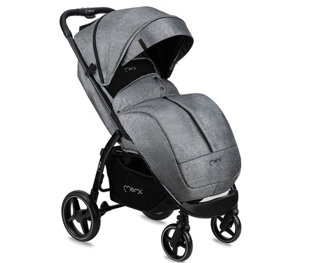 MoMi MIYA otroški voziček, zložljiv, nastavljiv, streha, 5-točkovni varnostni pas, košara, prevleka za noge, trpežna EVA kolesa, nožna zavora, +dodatki, 110x97x59cm, sivo-črn