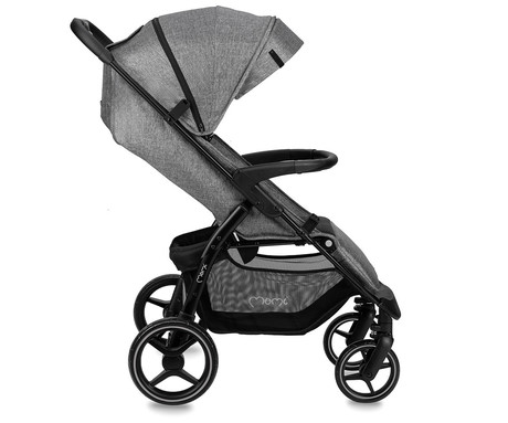 MoMi MIYA otroški voziček, zložljiv, nastavljiv, streha, 5-točkovni varnostni pas, košara, prevleka za noge, trpežna EVA kolesa, nožna zavora, +dodatki, 110x97x59cm, sivo-črn