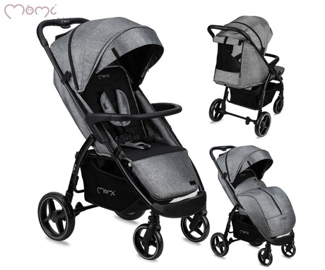 MoMi MIYA otroški voziček, zložljiv, nastavljiv, streha, 5-točkovni varnostni pas, košara, prevleka za noge, trpežna EVA kolesa, nožna zavora, +dodatki, 110x97x59cm, sivo-črn