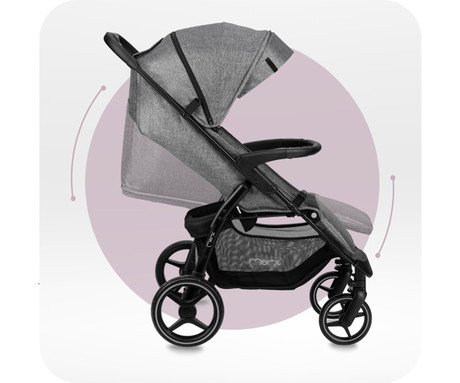 MoMi MIYA otroški voziček, zložljiv, nastavljiv, streha, 5-točkovni varnostni pas, košara, prevleka za noge, trpežna EVA kolesa, nožna zavora, +dodatki, 110x97x59cm, sivo-črn