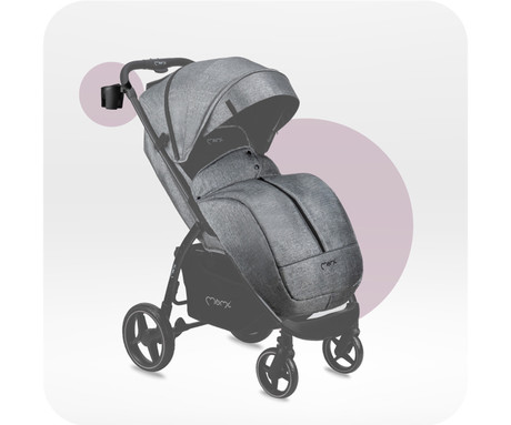 MoMi MIYA otroški voziček, zložljiv, nastavljiv, streha, 5-točkovni varnostni pas, košara, prevleka za noge, trpežna EVA kolesa, nožna zavora, +dodatki, 110x97x59cm, sivo-črn