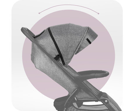 MoMi MIYA otroški voziček, zložljiv, nastavljiv, streha, 5-točkovni varnostni pas, košara, prevleka za noge, trpežna EVA kolesa, nožna zavora, +dodatki, 110x97x59cm, sivo-črn