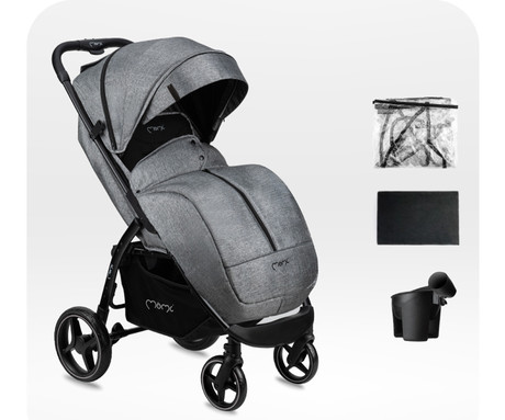 MoMi MIYA otroški voziček, zložljiv, nastavljiv, streha, 5-točkovni varnostni pas, košara, prevleka za noge, trpežna EVA kolesa, nožna zavora, +dodatki, 110x97x59cm, sivo-črn