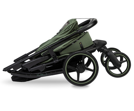 MoMi MIYA otroški voziček, zložljiv, nastavljiv, streha, 5-točkovni varnostni pas, košara, prevleka za noge, trpežna EVA kolesa, nožna zavora, +dodatki, 110x97x59cm, zeleno-črn