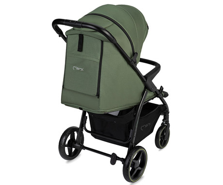 MoMi MIYA otroški voziček, zložljiv, nastavljiv, streha, 5-točkovni varnostni pas, košara, prevleka za noge, trpežna EVA kolesa, nožna zavora, +dodatki, 110x97x59cm, zeleno-črn
