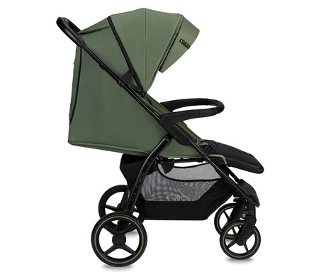 MoMi MIYA otroški voziček, zložljiv, nastavljiv, streha, 5-točkovni varnostni pas, košara, prevleka za noge, trpežna EVA kolesa, nožna zavora, +dodatki, 110x97x59cm, zeleno-črn