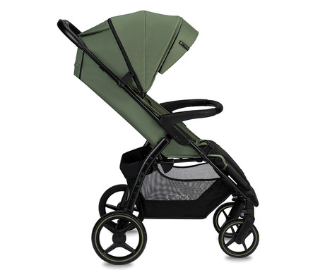 MoMi MIYA otroški voziček, zložljiv, nastavljiv, streha, 5-točkovni varnostni pas, košara, prevleka za noge, trpežna EVA kolesa, nožna zavora, +dodatki, 110x97x59cm, zeleno-črn