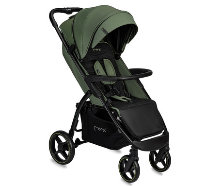 MoMi MIYA otroški voziček, zložljiv, nastavljiv, streha, 5-točkovni varnostni pas, košara, prevleka za noge, trpežna EVA kolesa, nožna zavora, +dodatki, 110x97x59cm, zeleno-črn