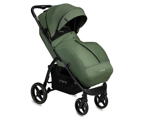 MoMi MIYA otroški voziček, zložljiv, nastavljiv, streha, 5-točkovni varnostni pas, košara, prevleka za noge, trpežna EVA kolesa, nožna zavora, +dodatki, 110x97x59cm, zeleno-črn