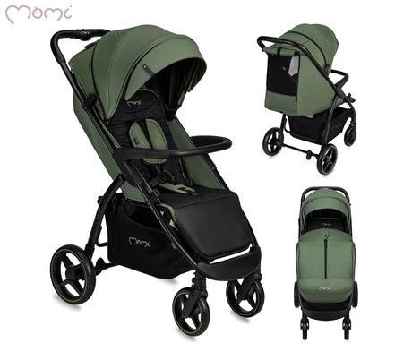 MoMi MIYA otroški voziček, zložljiv, nastavljiv, streha, 5-točkovni varnostni pas, košara, prevleka za noge, trpežna EVA kolesa, nožna zavora, +dodatki, 110x97x59cm, zeleno-črn