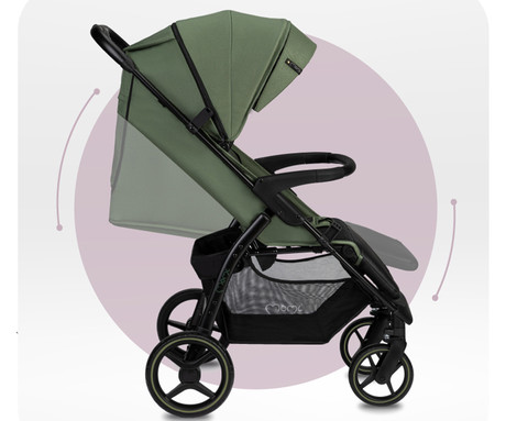 MoMi MIYA otroški voziček, zložljiv, nastavljiv, streha, 5-točkovni varnostni pas, košara, prevleka za noge, trpežna EVA kolesa, nožna zavora, +dodatki, 110x97x59cm, zeleno-črn