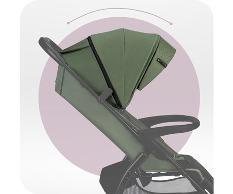 MoMi MIYA otroški voziček, zložljiv, nastavljiv, streha, 5-točkovni varnostni pas, košara, prevleka za noge, trpežna EVA kolesa, nožna zavora, +dodatki, 110x97x59cm, zeleno-črn