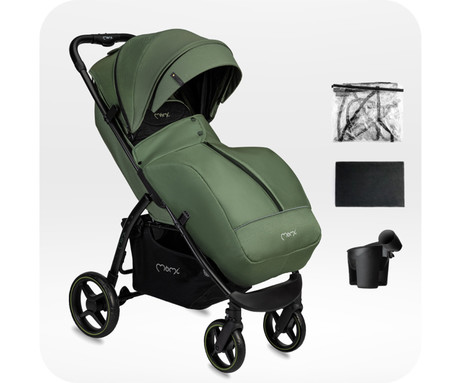 MoMi MIYA otroški voziček, zložljiv, nastavljiv, streha, 5-točkovni varnostni pas, košara, prevleka za noge, trpežna EVA kolesa, nožna zavora, +dodatki, 110x97x59cm, zeleno-črn