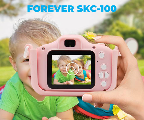 FOREVER SKC-100 II otroški fotoaparat, 2" IPS barvni zaslon, igre, polnilna baterija, SD kartica, USB Type-C, varnostni trak, roza (Pink Cat)