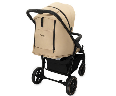 MoMi MIYA otroški voziček, zložljiv, nastavljiv, streha, 5-točkovni varnostni pas, košara, prevleka za noge, trpežna EVA kolesa, nožna zavora, +dodatki, 110x97x59cm, bež-črn