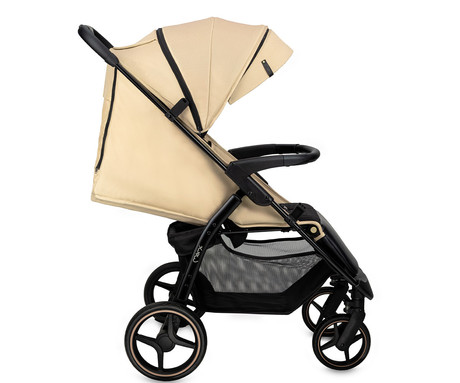 MoMi MIYA otroški voziček, zložljiv, nastavljiv, streha, 5-točkovni varnostni pas, košara, prevleka za noge, trpežna EVA kolesa, nožna zavora, +dodatki, 110x97x59cm, bež-črn