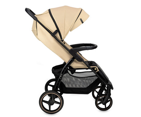 MoMi MIYA otroški voziček, zložljiv, nastavljiv, streha, 5-točkovni varnostni pas, košara, prevleka za noge, trpežna EVA kolesa, nožna zavora, +dodatki, 110x97x59cm, bež-črn