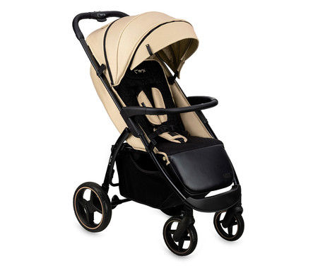 MoMi MIYA otroški voziček, zložljiv, nastavljiv, streha, 5-točkovni varnostni pas, košara, prevleka za noge, trpežna EVA kolesa, nožna zavora, +dodatki, 110x97x59cm, bež-črn