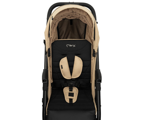 MoMi MIYA otroški voziček, zložljiv, nastavljiv, streha, 5-točkovni varnostni pas, košara, prevleka za noge, trpežna EVA kolesa, nožna zavora, +dodatki, 110x97x59cm, bež-črn